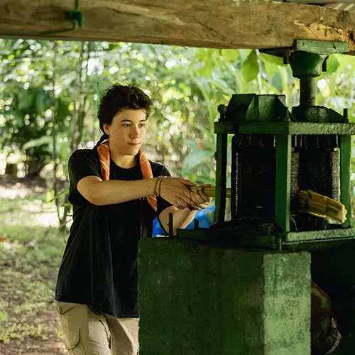 Volunteer extracts sugarcane juice
