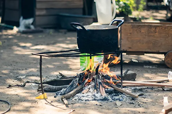 Cooking pot over an open wood fire